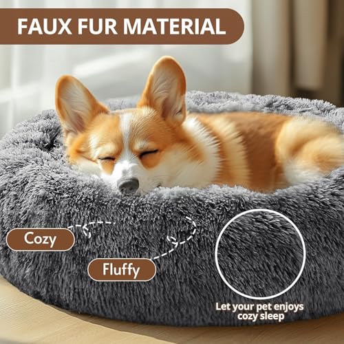 Image of JOLLYVOGUE Calming Dog Bed Medium Size Dog, Anti-Anxiety Donut Medium Pet Bed, 27 inches Fluffy Faux Fur Round Cat Bed (Smoke Black)