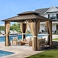 PAMAPIC 10x12FT Hardtop Gazebo,Galvanized Steel Double Roof with Aluminum Frame,Outdoor Permanent Pavilion with Breathable Netting & Privacy Curtain for Patio,Backyard,Deck,Lawn,Brown