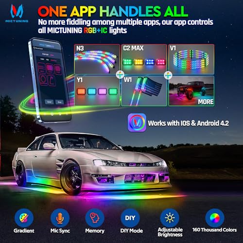 Mictuning MIC-08-220 N3 Car Underglow Light Strip Kit, Chasing Dream Rgb+Ic Led, Exterior Lighting Accessories Underbody Multicolor Neon Accent Light Bar thumb #6
