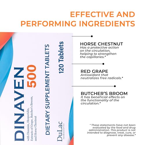 Image of Dulac Dinaven 500, Micronized Diosmin Hesperidin Dietary Supplement 1000mg per serving, Horse Chestnut Extract, Butcher's Broom & Red Grape Extract, Leg Circulation Support, 120 Tablets, Made in Italy