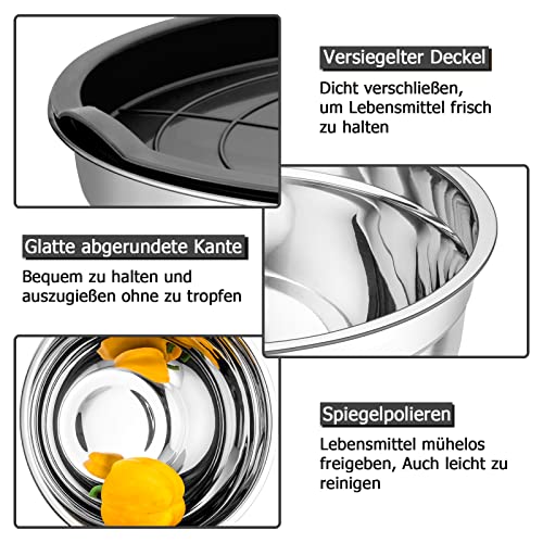 Foto von TEAMFAR Rührschüssel 3er Set, Edelstahl Schüssel Salatschüssel mit Luftdicht Deckel, Schwarz Schüsselset perfekt für Backen/Vorbereiten/Servieren, 4,5L / 2,5 L / 1,5 L, Spülmaschinenfest