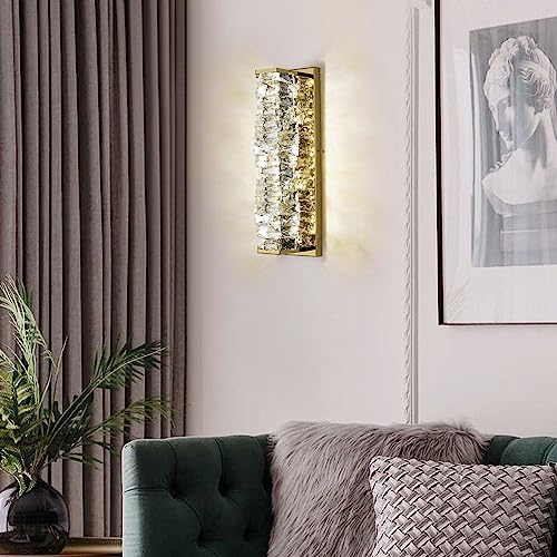Image of Crystal Wall Sconces Set of 2 Gold Crystal Wall Lighting with LED Adjustable Color Temperature Modern Wall Lights Indoor Beautiful Glass Wall Light for Bedroom Living Room Hallway