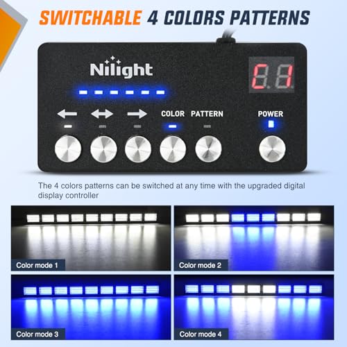 Image of Nilight 162 LED Traffic Advisor Strobe Light Bar with Controller Blue White | 2 in 1 Emergency Warning Hazard Lights 4 Switchable Color 36 Flash Pattern for Trucks Cars Tow Plow Construction Vehicles