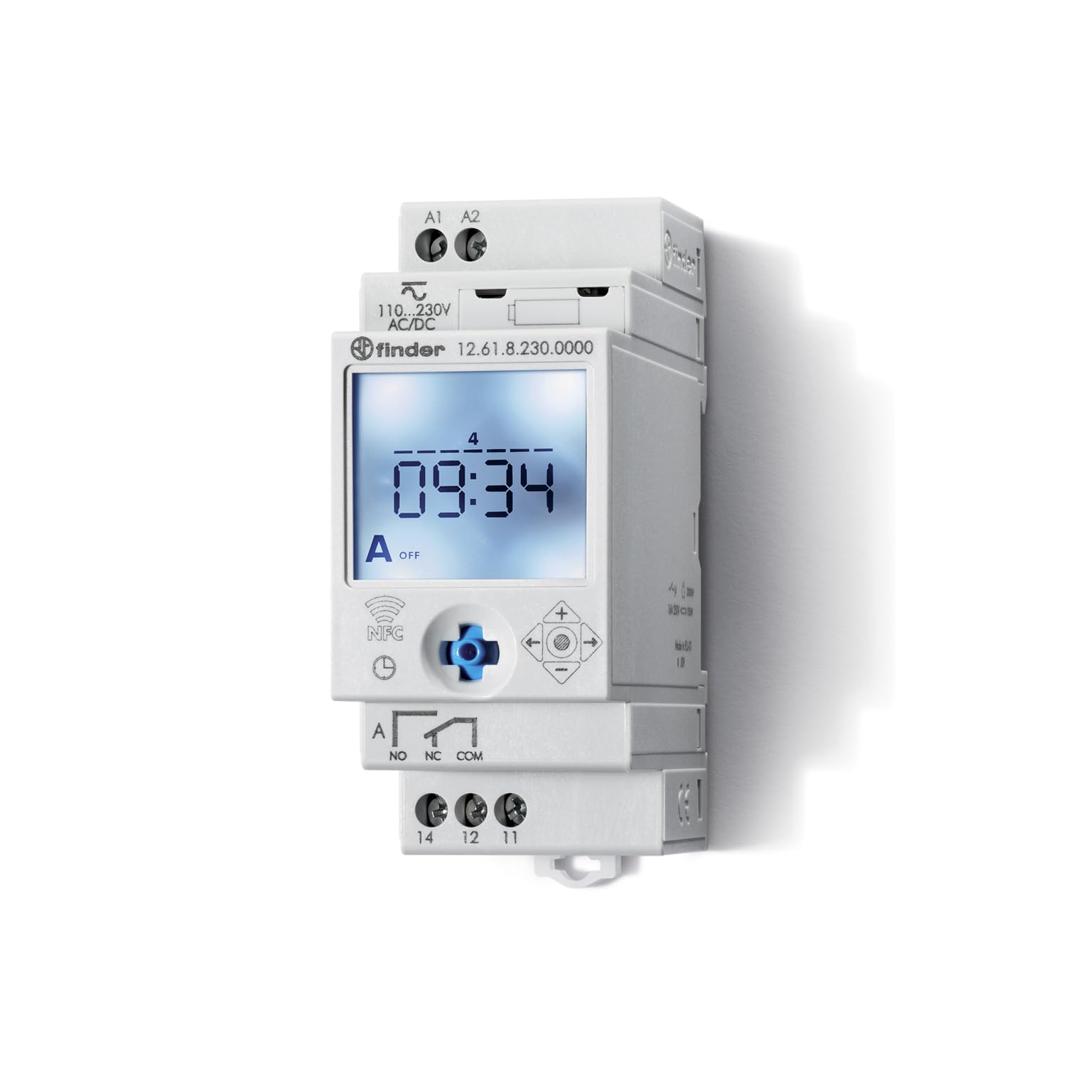 Finder Interruttore Orario Digitale NFC Settimanale Tipo 12.61. Dotato di 1 contatto di scambio 16 A. Con display LCD. Modalità di programmazione classica/smart