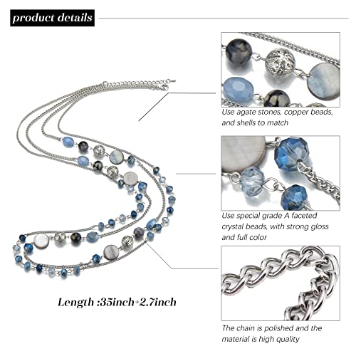Noessla Layered Long Necklaces For Women Crystal Beaded Statement Necklace Sweater Silver Chain With Gifts Box Jewelry(Blue) #TOP4