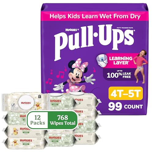 Pull-Ups for Girls + Natural Care Sensitive Wipes Bundle: Pull-Ups Training Pants, Size 4T-5T (38-50 lbs), 99 Count (3 Packs of 33) & Huggies Natural Care Sensitive Baby Wipes, 12 Packs, 768 Count - image 1