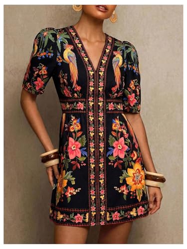 Image of RoseSeek Women's Boho Tropical Floral Dress V Neck Puff Sleeve Mini Dresses