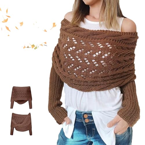Womens Knitted Double Sleeve Scarf Cozy Knitted Cable Crochet Shawl Wraps Sweater Scarf with Sleeves for Women (Brown 260cm)
