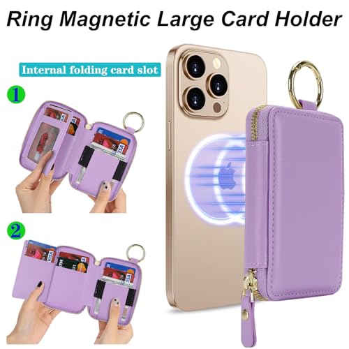 Image of Compatible with MagSafe Wallet,Magnetic Phone Wallet Card Holder for iPhone 17 /16 Pro Max /15 plus /14 Pro /13 /12 Series,PU Leather Zipper Pocket Adjustable Stand-Light Purple