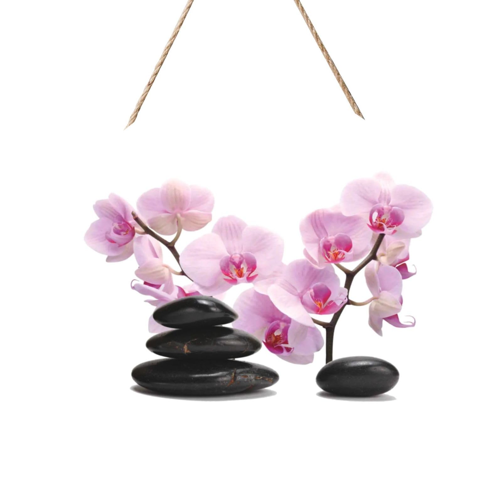 InOmak Stones And Pink Orchid, Round Wood Panel Painting 12 in, Wall Hanging Painting For Home