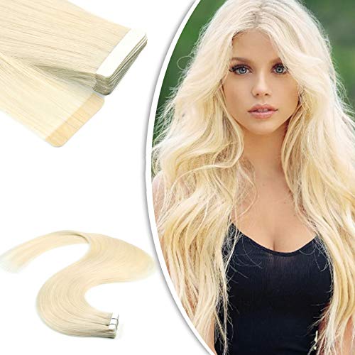 Neitsi 20pcs/pack Platinum Blonde 100% Tape in Human Hair Weft Extension Straight Glue Hair Weft (16inch, 60#)