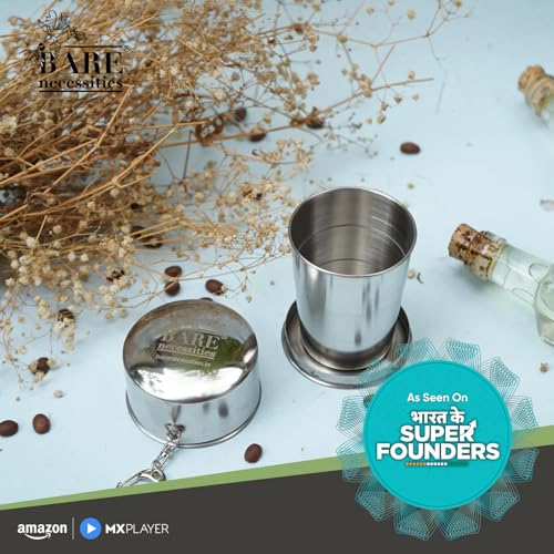 Image of Bare necessities Collapsible Travel Mug | Portable Glass for Drinking Tea, Coffee, Milk, Juice | Expandable Food Grade Stainless Steel Cup with Lid for Outdoor Camping | Reusable Tumbler 150 ml