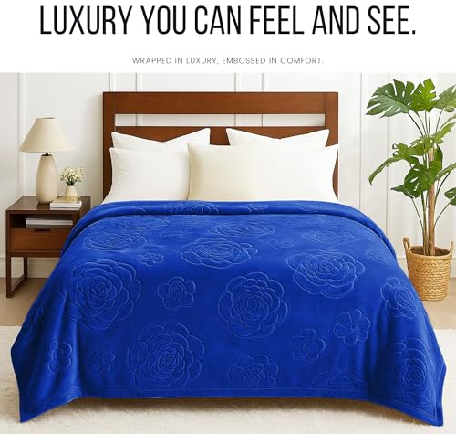 Image of SANMARINO Korean Style Faux Mink Blanket for Double Bed 2500 Grams 525 GSM | Ultrasoft & Lightweight Solid Embossed Blanket for Heavy Winter | 210x220 cm (Color - Royal Blue)