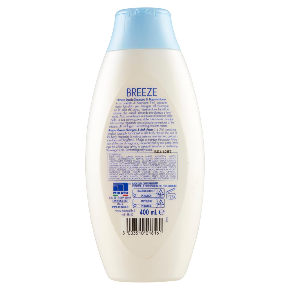 12x BREEZE Freschezza Talcata Doccia Shampoo e Bagnoschiuma, profumo di talco, deterge efficacemente corpo pelle e capelli 400ml + 1 Busta di Talco Felce Azzurra in omaggio da 100g