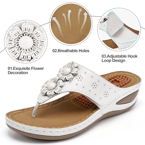 Image of Ecetana Womens Wedge Flip Flops: Orthopedic Cushion Non Slip Sandals - Comfortable Walking for All Day - Stylish Flower Adjustable Thong Sandals for Summer Casual Outing