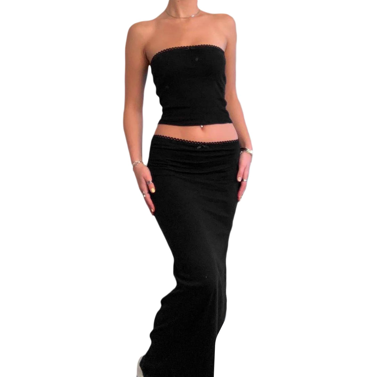 Women Sexy 2 Piece Outfits Sleeveless Strapless Tube Tops Fishtail Maxi Skirts Suits Y2K Long Skirt Sets Streetwear