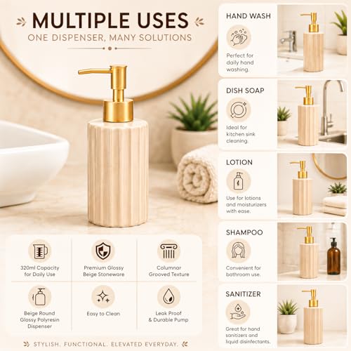 Image of MARKET 99 Beige Stoneware Soap Dispenser (320 ML) | Glossy Liquid Soap & Lotion Holder | Round Grooved Bathroom Countertop Accessory for Hand Wash, Vanity & Wash Basin