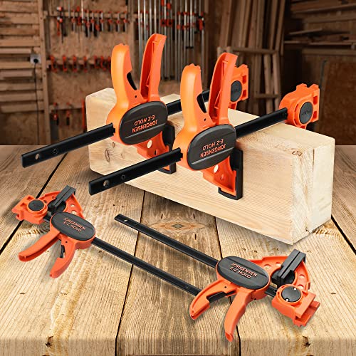 JORGENSEN Einhandzwingen 4 Stück, Profi Schraubzwingen Set 2 in 1 kombinierbar zum Spannen Dehnen, Spannweite 150/420mm, Spannkraft 68kg für stabiles Fixieren von Holz Möbel mit einer Hand