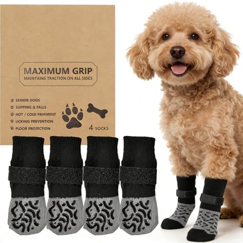 CENCERY Botas para Perros con Suela Antideslizante - Calcetines Protectores para Heridas y para Evitar Lamer Las Patas - 2 Pares de Patucos para Perros Mayores Negro, S