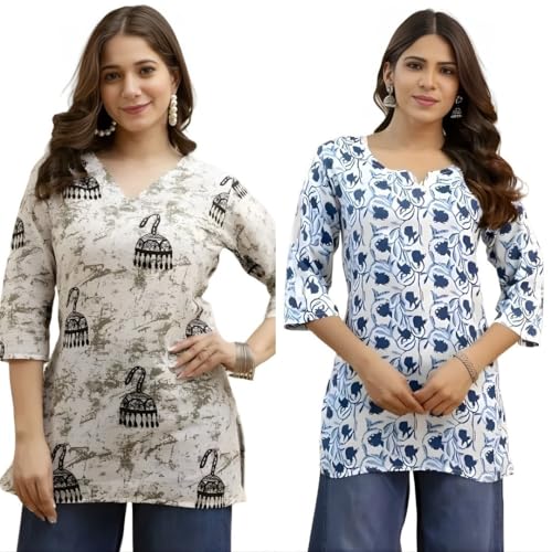 Image of Women's Cotton Printed Short Kurti, Round Neck, Three Quarter Sleeve, Straight Fit, Pack of 2