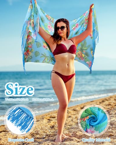 Hercicy 6 Pcs Sarong Wraps for Women Beach Batik Sarong Coverups Wrap Women's Pareo with Tassel Long Cover-ups for Beach Bathing Summer Swimming Pool Swimsuit Sky Blue4