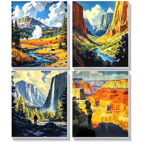 TOSTOG Majestic National Parks 4 Pack Framed Canvas Paint by Numbers Art Kit for Adults and Kids Beginner Acrylic Oil Painting Supplies with Wooden Frame for Home Wall Decor 20 * 25 cm/8 * 10 in