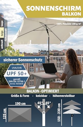 Menz Sonnenschirm Balkon - 3-IN-1 SET - UV50+ Sonnenschirm rechteckig 200x125 cm + Sonnenschirmhalter Balkongeländer + Sonnenschirmhülle - Sonnenschutz Balkon, Beige 4