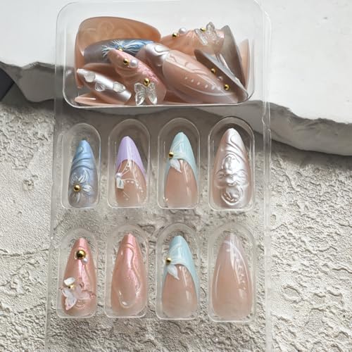 Image of Flower Nail Press ons Butterfly Fake Nails with 3D Design Medium Almond False Nails French Tip Glue on Nials Reusable Artificial Acrylic Full Cover Spring Stick on Nails for Women Girls Manicure 24Pcs