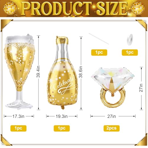 Image of Gold Glitter Ring Bachelorette Party Balloons, Gold Champagne Bottle Balloons Diamond Ring Foil Balloon for Bachelorette Engagement Wedding Bridal Shower Celebration Anniversary Party Decorations
