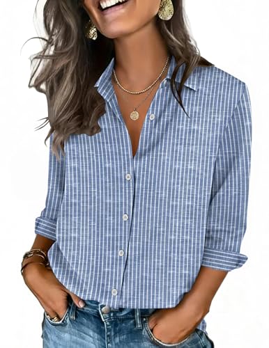 Zeagoo Blouse for Women Business Casual 3/4 Sleeve Button Down Shirts Striped Printed Dressy Tops Work Tunic Tops Office Blouses