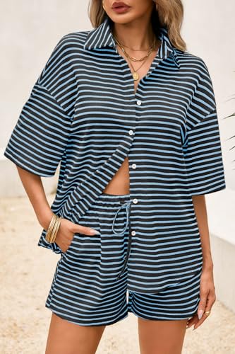 Image of Tankaneo Womens Striped 2 Piece Sets Short Sleeve Lounge Set | Button Down, Waffle Knit, Pajama Lounge Set, Summer Outfits