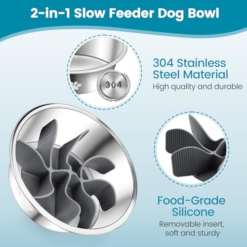 PETTOM 2 Stück Edelstahl Hundenapf mit Anti Schling Einsatz, 2-in-1 Antischlingnapf Hunde, Futternapf Hund 1560ML mit Rutschfestem Silikonboden, Anti Schling Napf Hundenapf für Große Mittelgroße Hunde