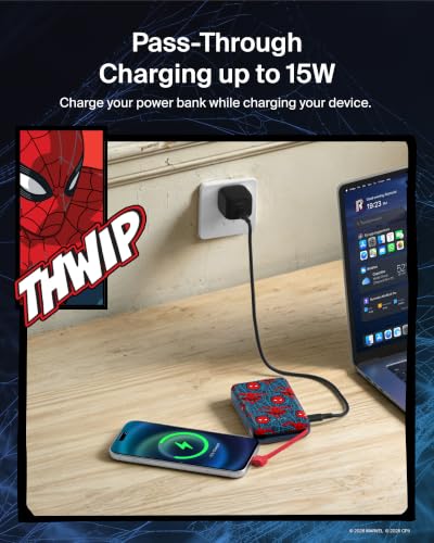 Image of Belkin Disney Spiderman Power Bank, BoostCharge Portable Charger with Integrated Cable 10K PD 20W - Fast Charge USB-C Power Delivery, Portable iPhone Charger for iPhone 17, iPad Pro, Galaxy S26