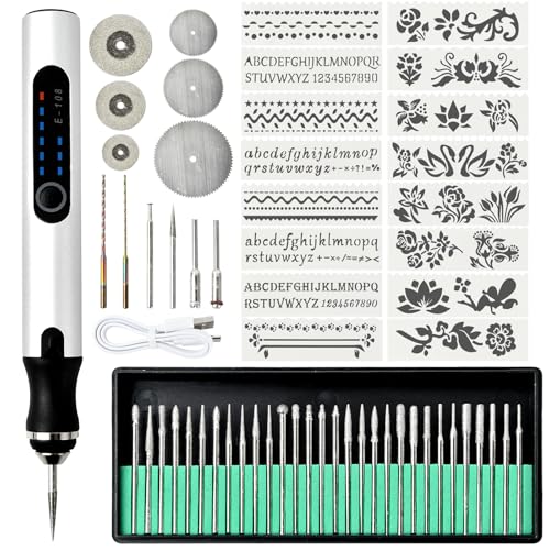 Focenat Bolígrafo de grabado eléctrico,Juego de herramientas de grabado,Grabador inalámbrico con brocas y plantillas,USB Mini lápiz de grabado con accesorios,para tallar vidrio,madera,metal,piedra