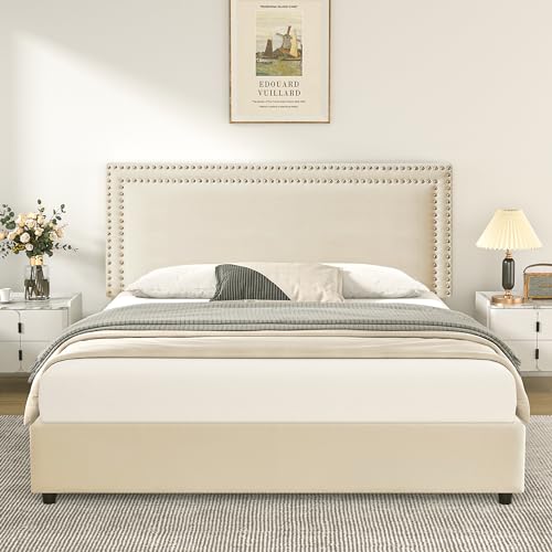 Image of VECELO Queen Size Upholstered Platform Bed Frame with 4 Storage Drawers, Adjustable Velvet Rivets Headboard, Wooden Slats Support, No Box Spring Needed, Easy Assembly, Oatmeal