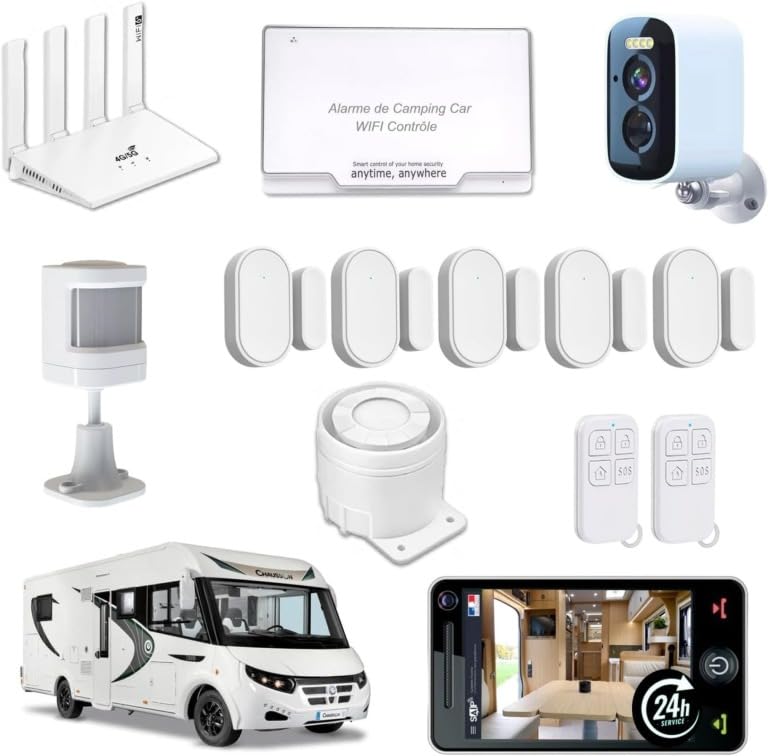 Nouveau - Alarme de Camping Car + Box-Routeur WiFi 6 4G/5G + 1 Camèra de Surveillance 24h/24h – 2 Sirènes 125 DB - 5 Détecteurs d'ouvertures - 1...