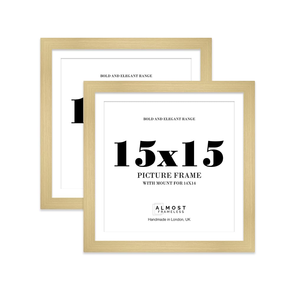 15x15" Gold Square Frame With Mount for 14x14" Pictures 28mm Edge Frame Display with Wall Hooks, 2 Pack