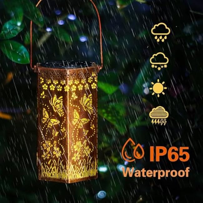 Solar Butterfly Lanterns Outdoor Hanging Lights, Gifts for Mom Dad Men Women, Hollowed-Out Metal Decor Lantern, Waterproof LED Decorative Garden Light for Patio, Yard, Pathway