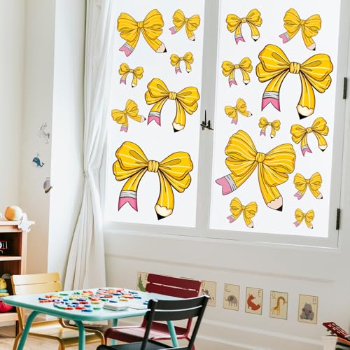 Image of Whaline 9 Sheets Pencil Coquette Bow Window Clings Back to School Pencil Bowknot Reusable Window Decals for First Day of School Home Nursery Classroom Decor