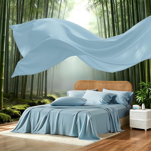 Image of 100% Viscose Derived from Bamboo Sheets Queen Size, Soft & Cooling Viscose from Bamboo Sheets Set, Organically Grown,Breathable & Soft Deep Pocket Up to 18 Inches(Light Blue)