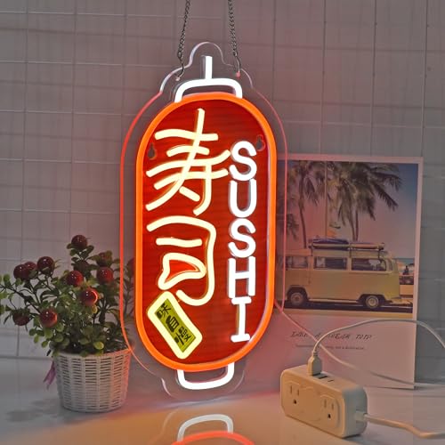 Image of Japanese Sushi Neon Sign，Japanese Food Wall Decor LED Light Sign | Neon Lights Hanging Wall Art Decoration for Japanese Restaurant Izakaya Bar Club Shop,USB Powered Dimmable, 16 * 7.8 inches
