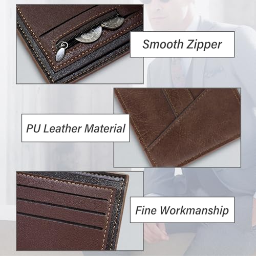 Wallet Men, PU Leather Slim Bifold Wallet for Men, Minimalism Credit Card Wallet with Zipper Coin Bag and ID Window (Coffee)3