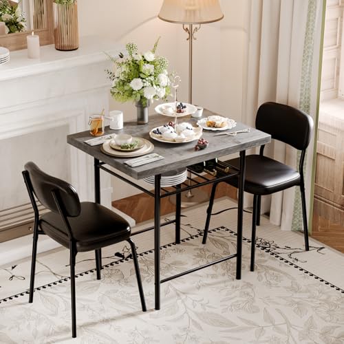 Image of VINGLI Dining Table Set for 2, Small Kitchen Table Set with Upholstered Chairs, 3-Piece Dining Set with Storage Rack, Wood Dining Room Set with Metal Legs for Small Spaces, Living Room, Grey