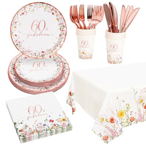 Crisky 60th Birthday Plates and Napkins 60 Fabulous Disposable Paper Tableware Set of 24 for Women 60th Birthday Decorations (Plates Napkins Cups Tablecloth Knife & Fork)