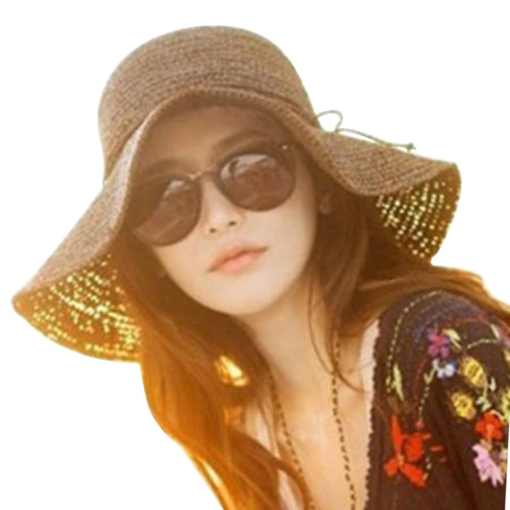 Jihuoo Women's Brown Floppy Summer Sun Straw Hat Wide Brim Packable Sun Hats Foldable Sun Visor For