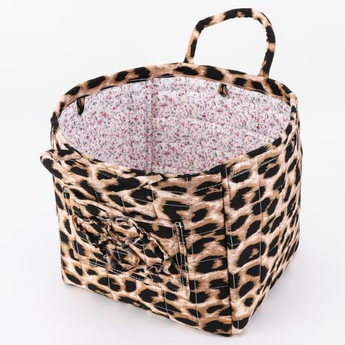 Image of Quilted Fabric Basket Foldable Car Storage Boho Floral Laundry Basket Hamper for Nursery Bedroom & Living Room | Organize Clothes Toys (Leopard)