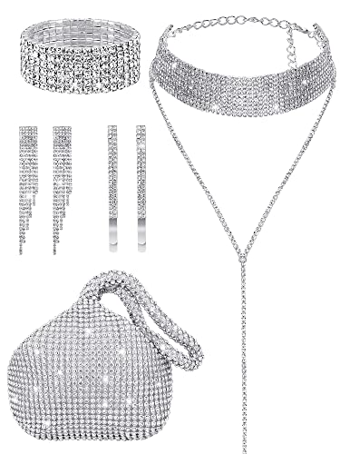 7 Pieces Women Crystal Jewelry Set Rhinestone Tassel Necklace Stretch Bangle Bracelet Crystal Dangle Fringe Earrings Crystal hairpin and Rhinestone Handbag for Wedding Party (Silver)