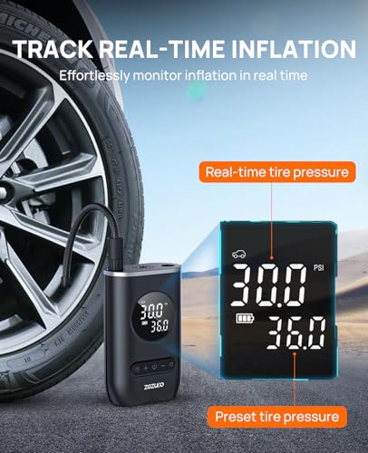 Image of Tire Inflator Portable Air Compressor - ZGZUXO 150PSI Cordless Air Pump for Car Tires with Pressure Gauge LED Light, Electric Bike Tire Pump for Car Motorcycle Bicycle Ball, Auto Shut-Off