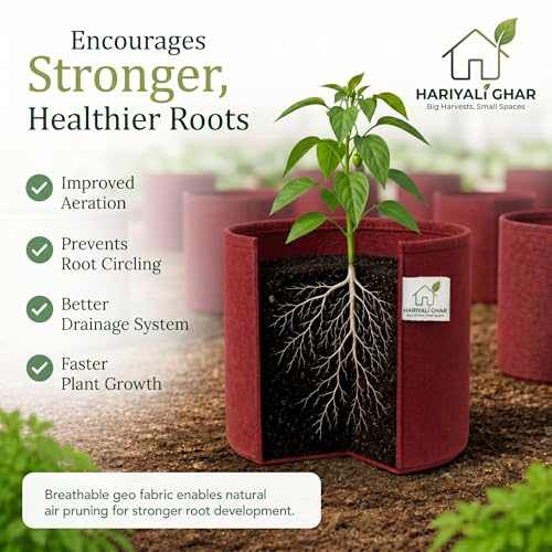 Image of 400 GSM Geo Fabric Round Grow Bags 6x6 Inch, Red Planting Bags for Terrace and Kitchen Gardening Pack of 20