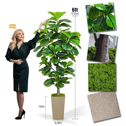 KOPWVA Artificial Fiddle Leaf Fig Tree 6ft, 6 Feet Large Tall Fake Plants Indoor with Modern Style Planter, Artificial Silk Tree for Home Office Living Room Decor Indoor, Lifelike & Lush (Champagne)